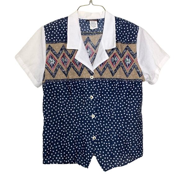 VTG Cabrias southwest pattern polka dot faux vest short sleeve blouse Size LARGE - Picture 1 of 7